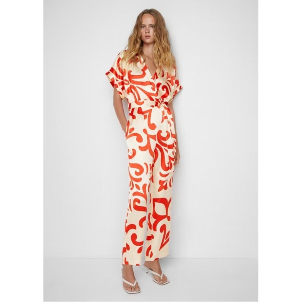 Mango Printed Satin Jumpsuit Short Sleeve Wrap Belted V Neck Off White Small